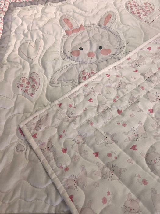 Pink Bunny Floral Hearts Baby Girl Quilt - Quilted Cotton Keepsake