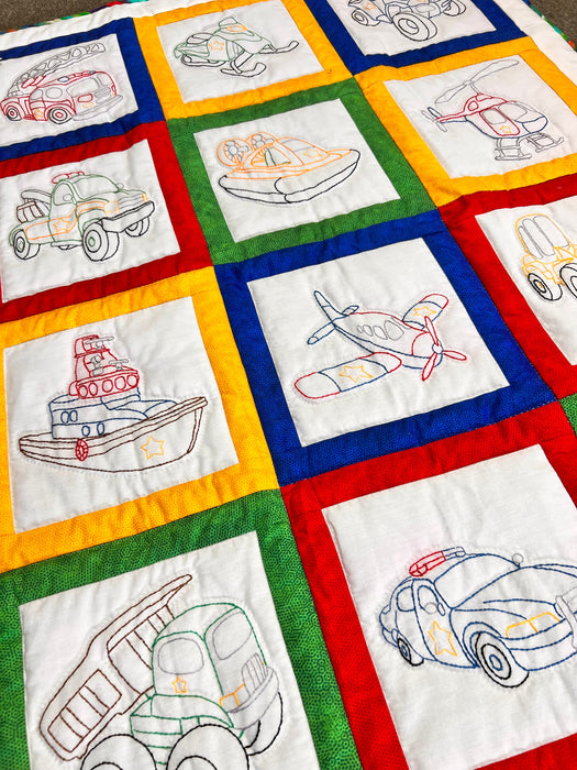 Transportation Nursery baby Quilt Amish Handcrafted hand quilted hand embroidered cars trucks boat heirloom quality cotton  primary colors
