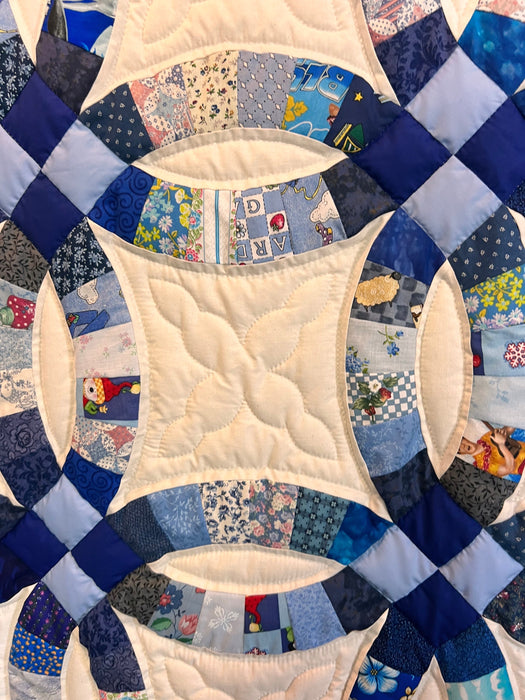 Blue Double Wedding Ring Quilt Handmade Hand Quilted Heirloom