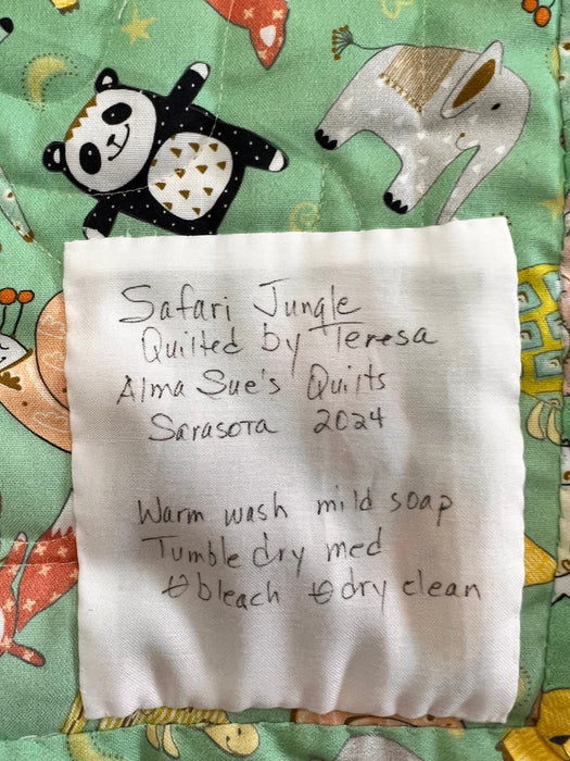 Jungle Friends Baby Quilt - Elephant, Panda, Giraffe Amish Machine Quilted cotton machine washable