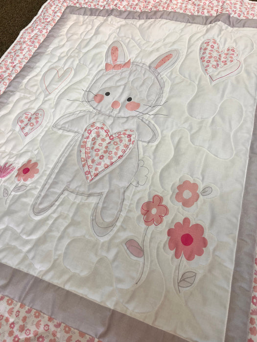 Pink Bunny Floral Hearts Baby Girl Quilt - Quilted Cotton Keepsake
