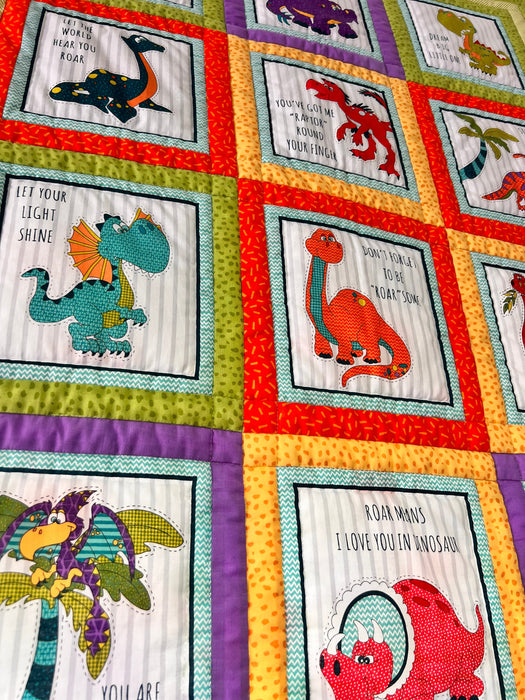 Dinosaur Baby Quilt, Handmade Crib Bedding - 'Born to Roar' Dino Blanket for Nursery