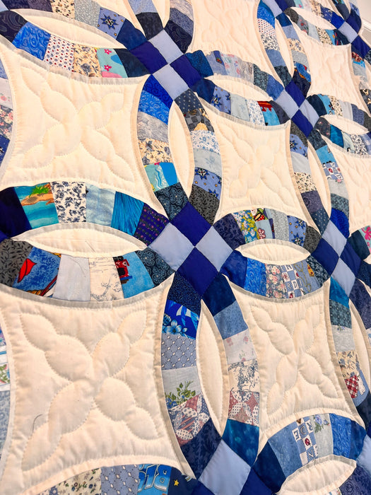 Blue Double Wedding Ring Quilt Handmade Hand Quilted Heirloom