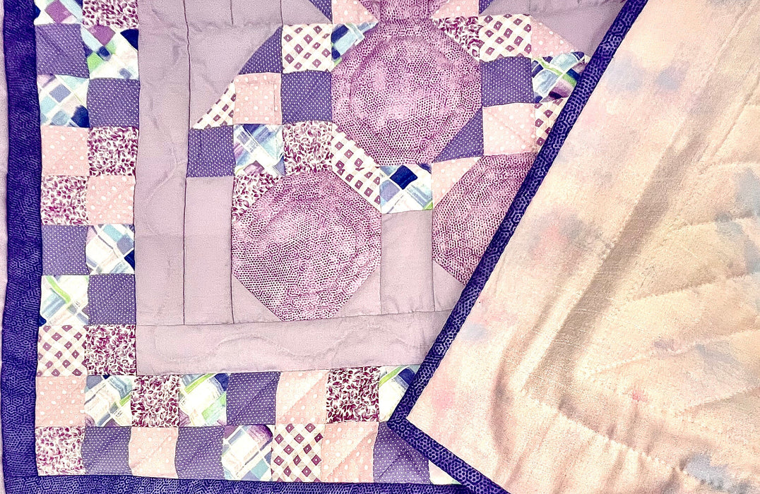 Purple Floral Patchwork Bear Baby Quilt - Hand Quilted Heirloom Gift