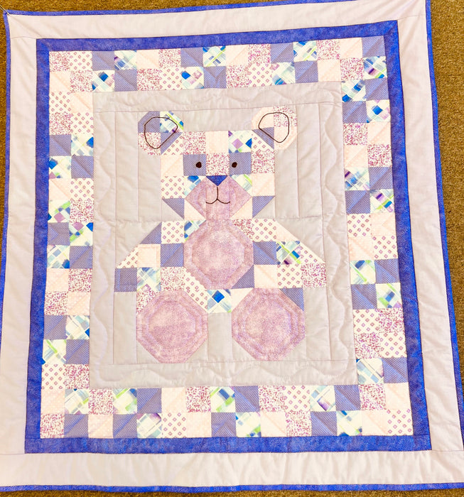 Purple Floral Patchwork Bear Baby Quilt - Hand Quilted Heirloom Gift