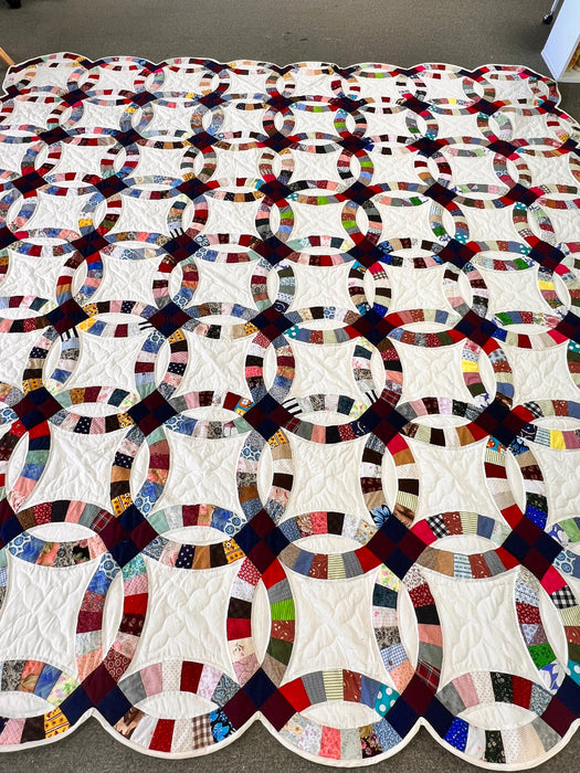 Double Wedding Ring Quilt - Vibrant Scrappy Amish Handmade Quilt