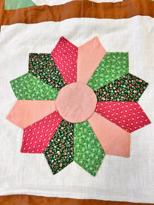 Calico Sampler Quilt Top - Traditional Americana Pattern Pink and Green Patchwork