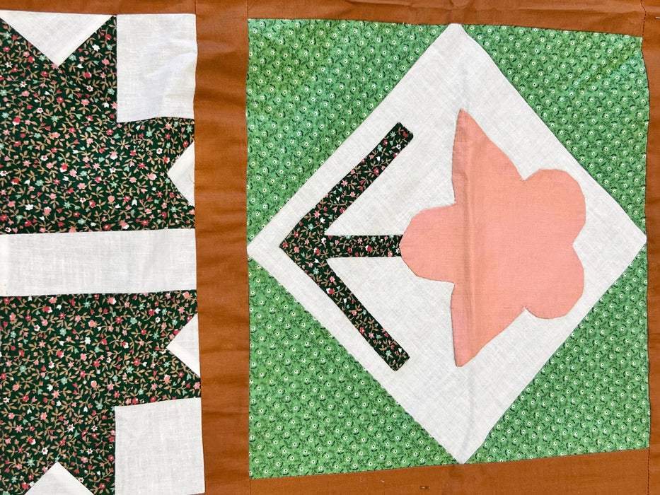 Calico Sampler Quilt Top - Traditional Americana Pattern Pink and Green Patchwork