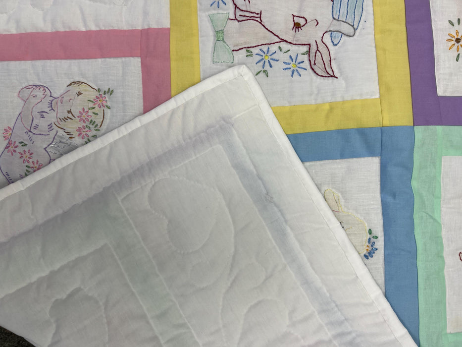 Enchanted Meadow: Handmade Pastel Animal Embroidery Baby Quilt