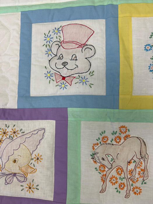 Enchanted Meadow: Handmade Pastel Animal Embroidery Baby Quilt