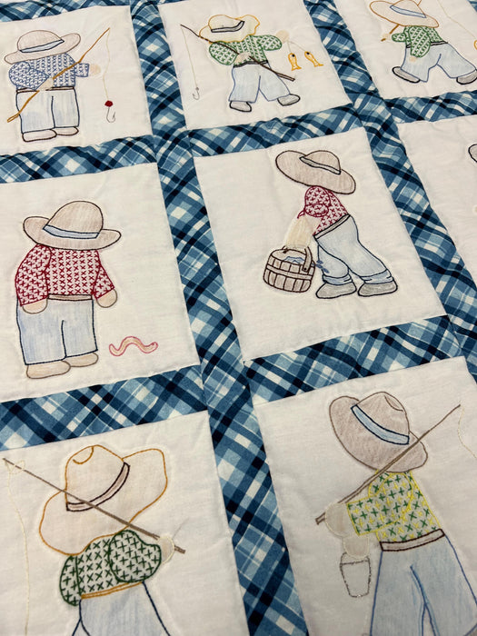 Fishing Overall Bill Baby Quilt - Handmade Nostalgia