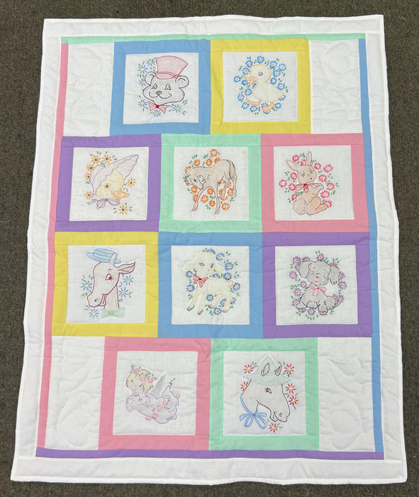 Enchanted Meadow: Handmade Pastel Animal Embroidery Baby Quilt