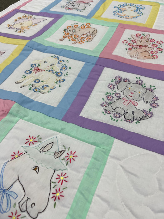 Enchanted Meadow: Handmade Pastel Animal Embroidery Baby Quilt