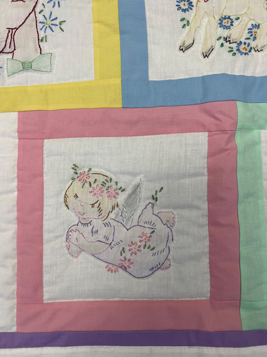 Enchanted Meadow: Handmade Pastel Animal Embroidery Baby Quilt