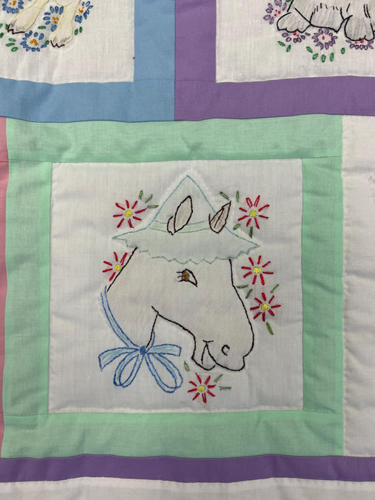 Enchanted Meadow: Handmade Pastel Animal Embroidery Baby Quilt