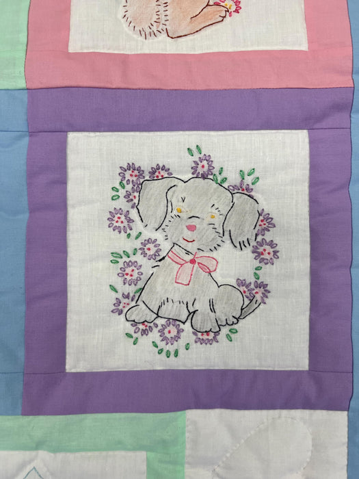 Enchanted Meadow: Handmade Pastel Animal Embroidery Baby Quilt