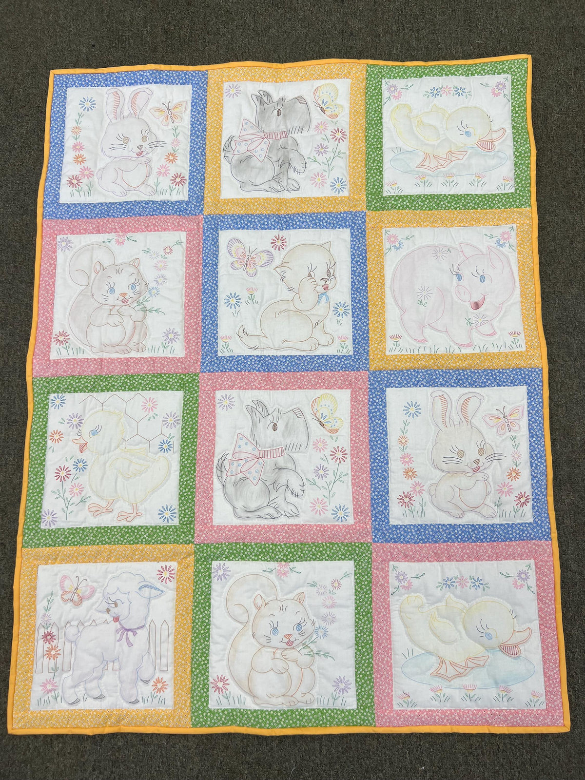 70’s Vintage Hand Quilted and newest Hand Embroidered Puppies Baby Quilt